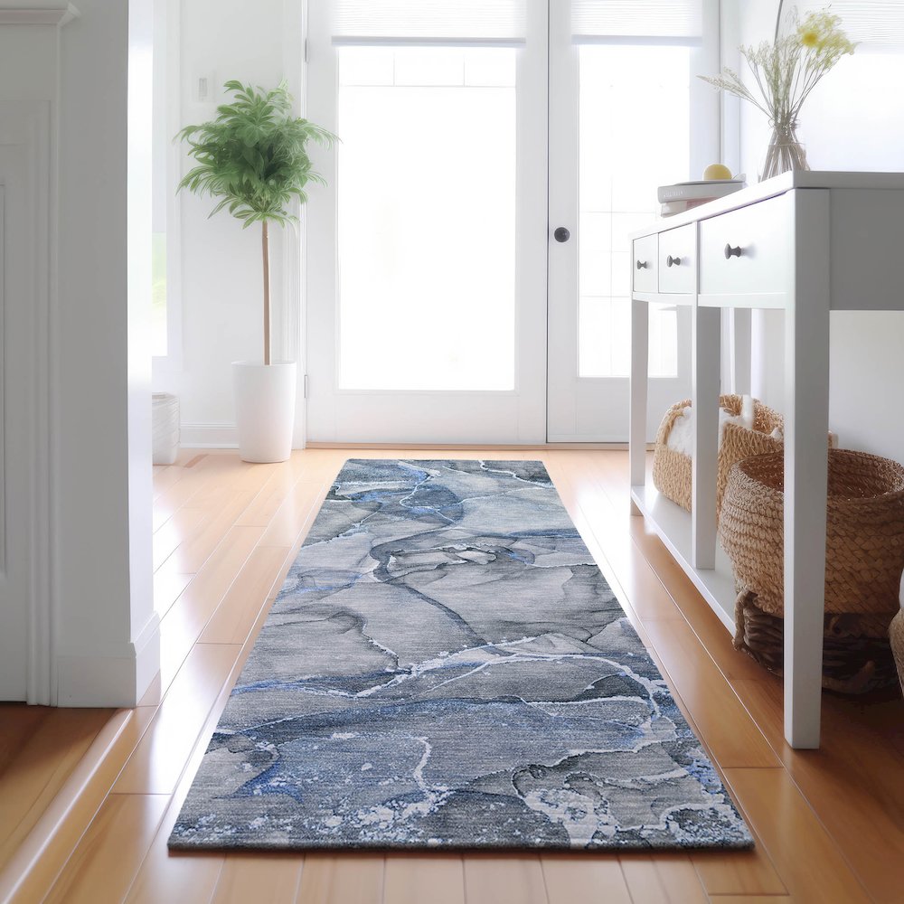 Premium Machine Washable Mayfield  Blue 2'3" x 7'6" Runner Rug. Picture 5