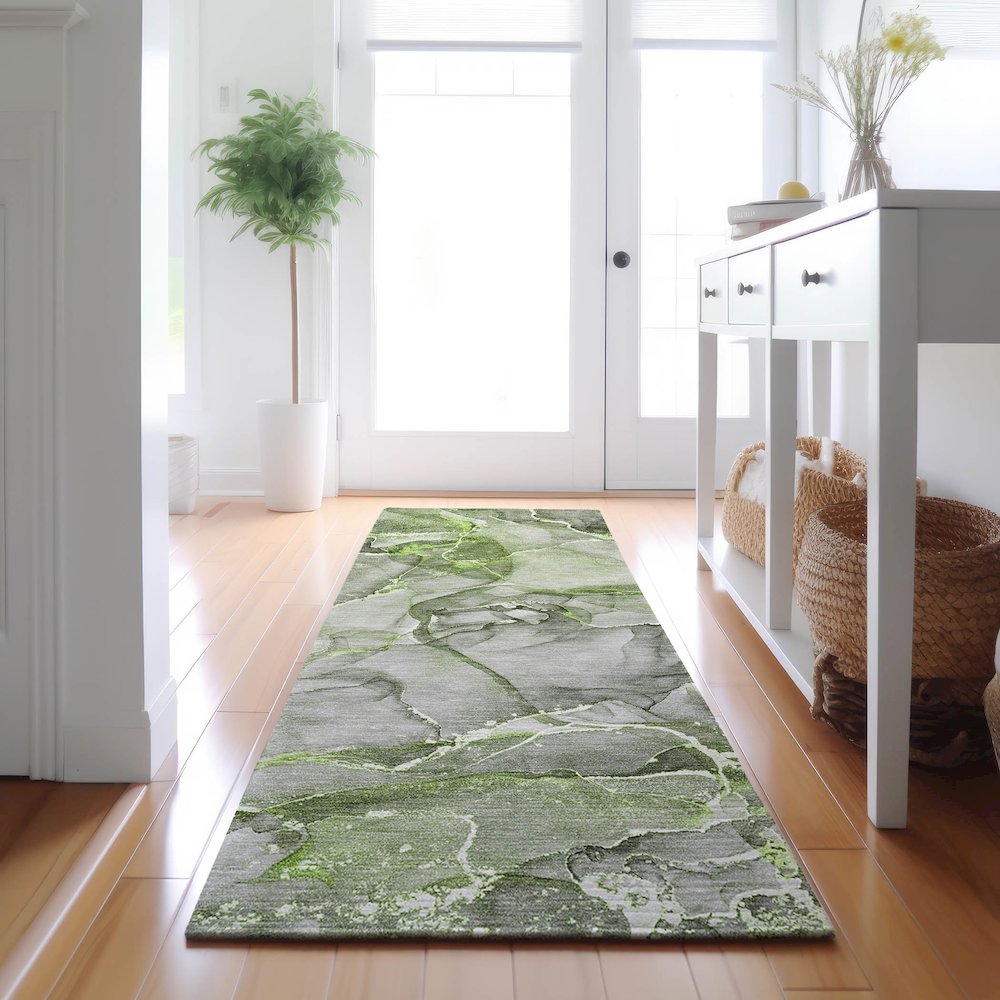 Premium Machine Washable Mayfield  Green 2'3" x 7'6" Runner Rug. Picture 5