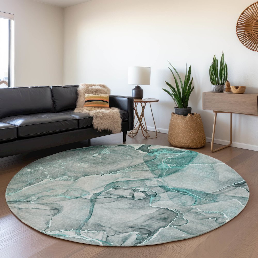 Premium Machine Washable Mayfield  Teal 8' x 8' Round Rug. Picture 5