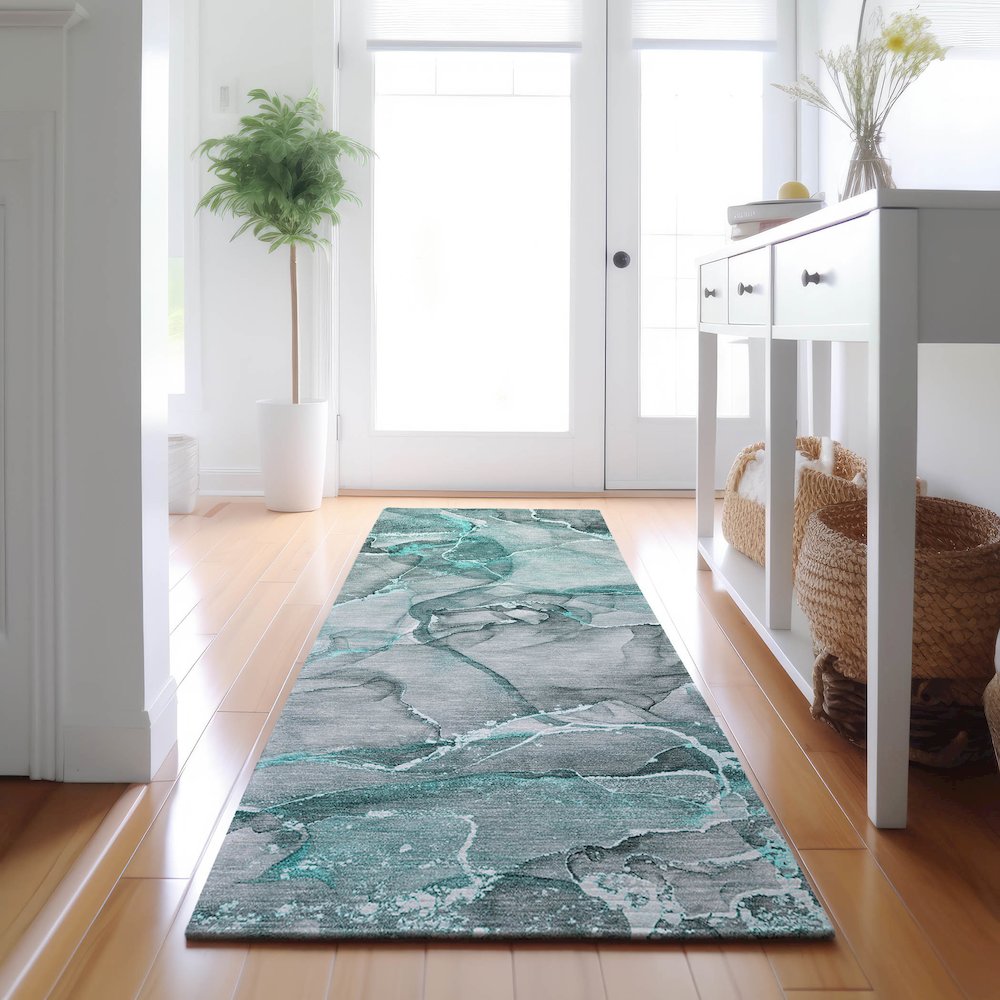 Premium Machine Washable Mayfield  Teal 2'3" x 7'6" Runner Rug. Picture 5