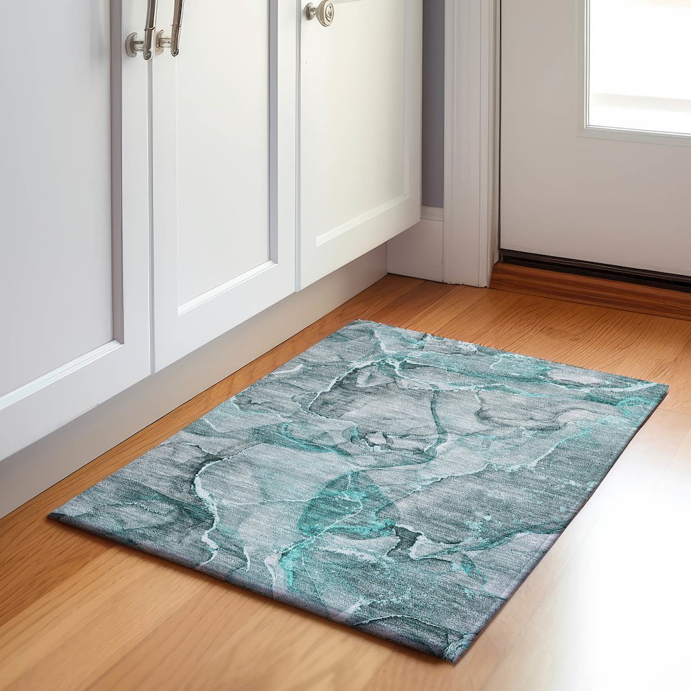 Premium Machine Washable Mayfield  Teal 1'8" x 2'6" Rug. Picture 5