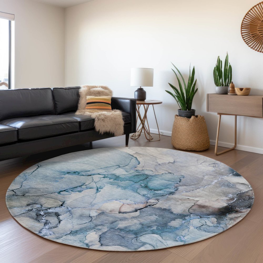 Premium Machine Washable Mayfield  Blue 8' x 8' Round Rug. Picture 5