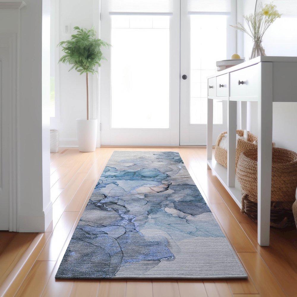 Premium Machine Washable Mayfield  Blue 2'3" x 7'6" Runner Rug. Picture 5