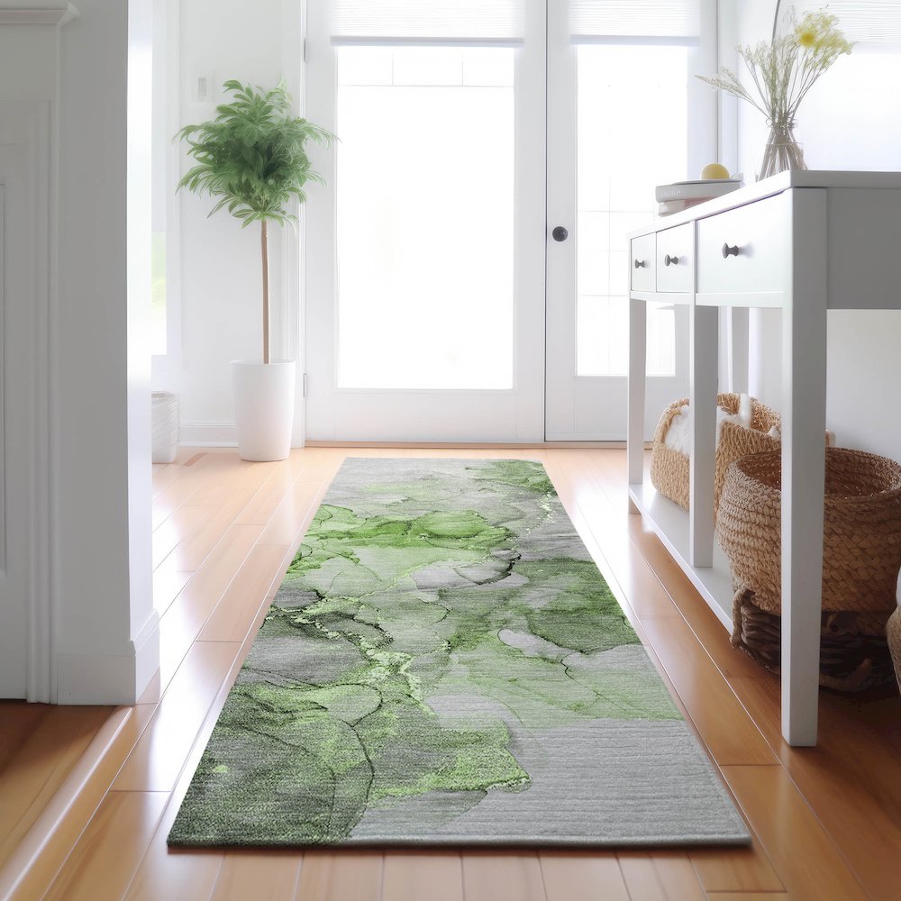 Premium Machine Washable Mayfield  Green 2'3" x 7'6" Runner Rug. Picture 5