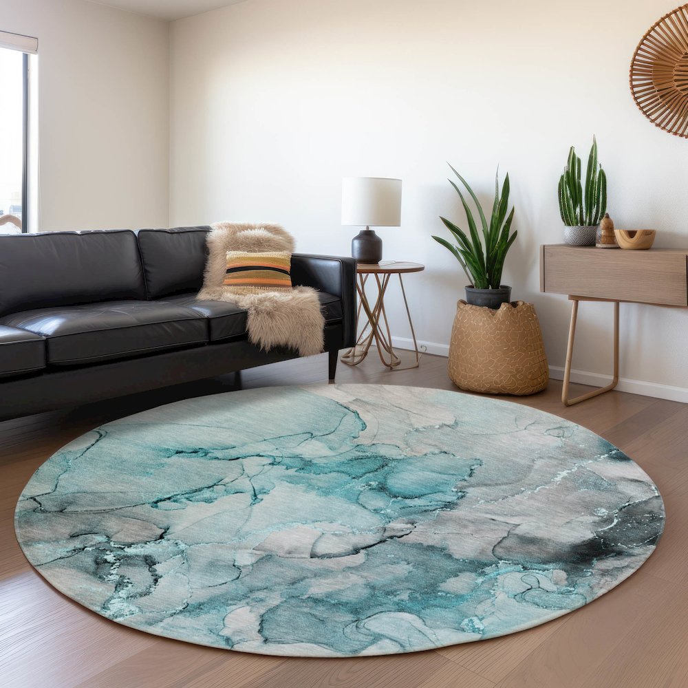 Premium Machine Washable Mayfield  Teal 8' x 8' Round Rug. Picture 5