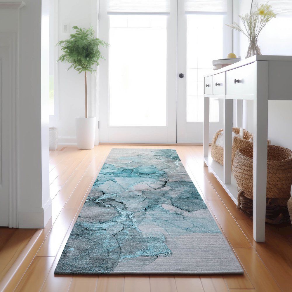 Premium Machine Washable Mayfield  Teal 2'3" x 7'6" Runner Rug. Picture 5