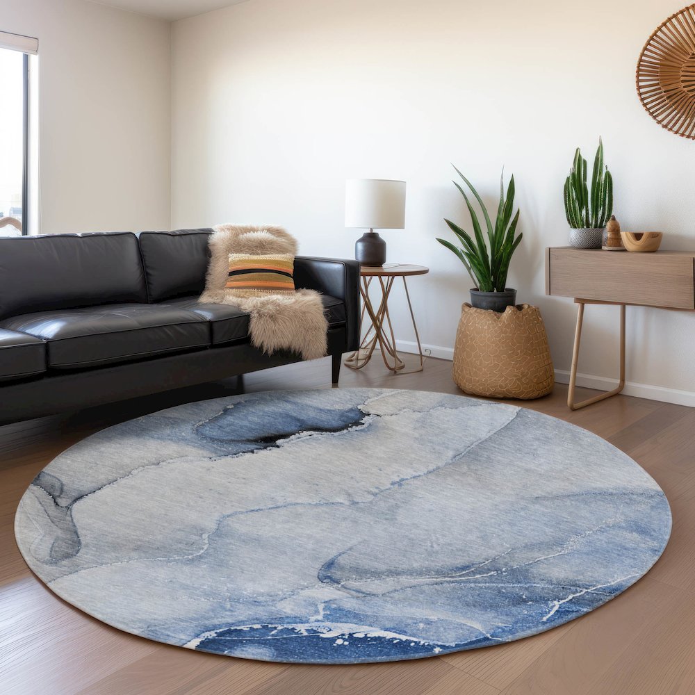 Premium Machine Washable Mayfield  Blue 8' x 8' Round Rug. Picture 5