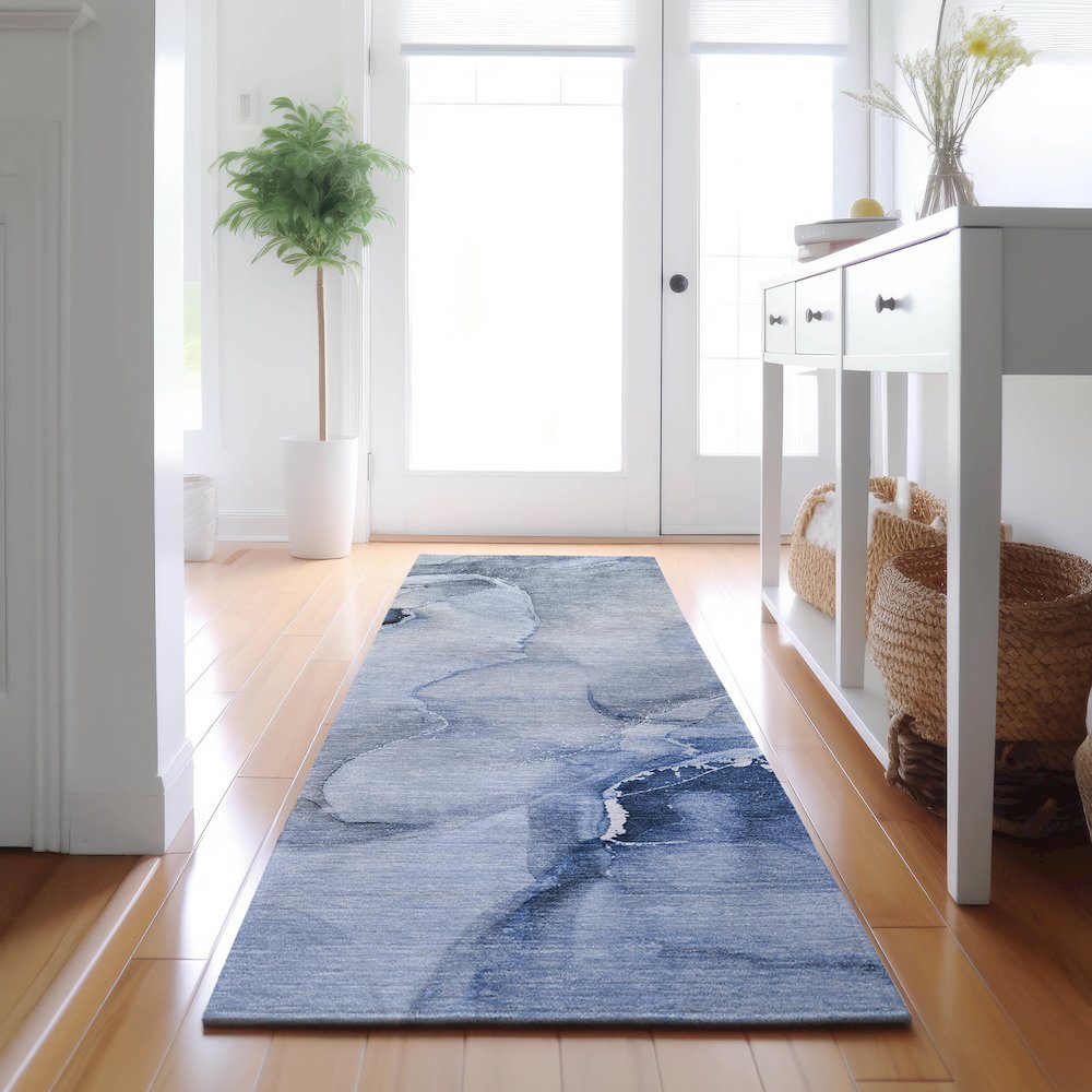 Premium Machine Washable Mayfield  Blue 2'3" x 7'6" Runner Rug. Picture 5