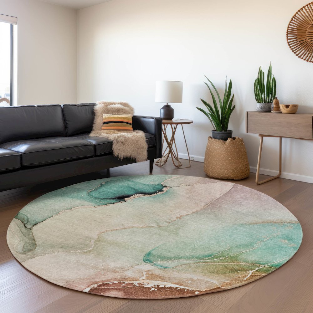 Premium Machine Washable Mayfield  Teal 8' x 8' Round Rug. Picture 5