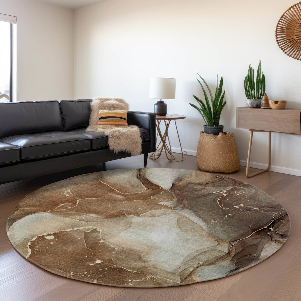 Premium Machine Washable Mayfield  Brown 8' x 8' Round Rug. Picture 5