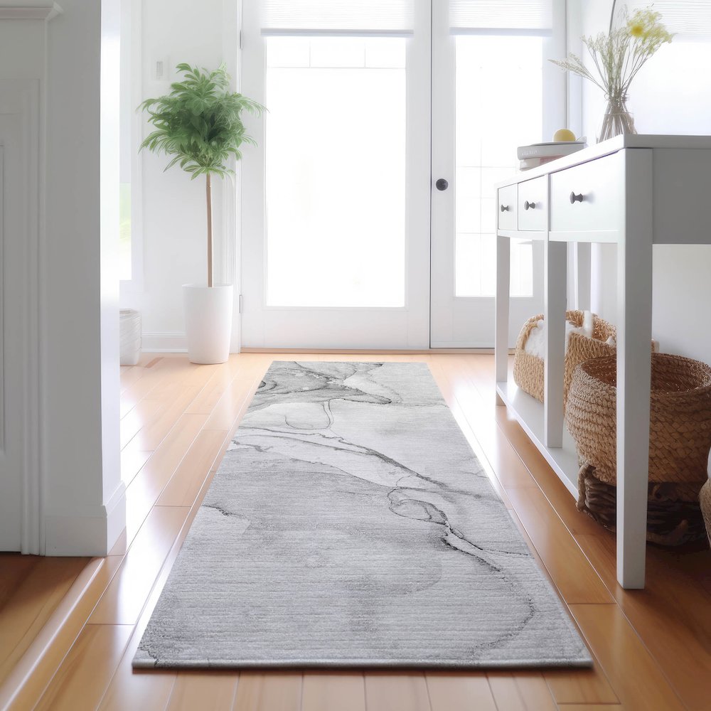 Premium Machine Washable Mayfield  Silver 2'3" x 7'6" Runner Rug. Picture 5