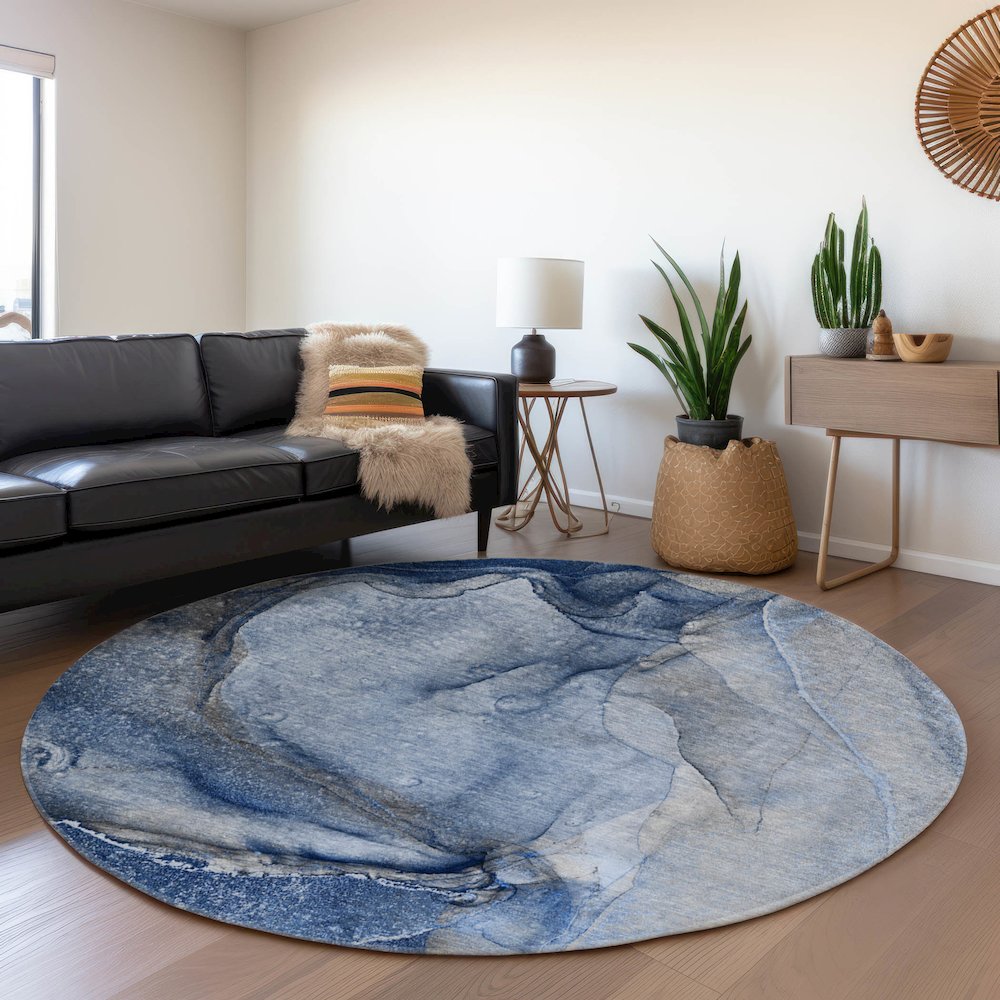 Premium Machine Washable Mayfield  Navy 8' x 8' Round Rug. Picture 5