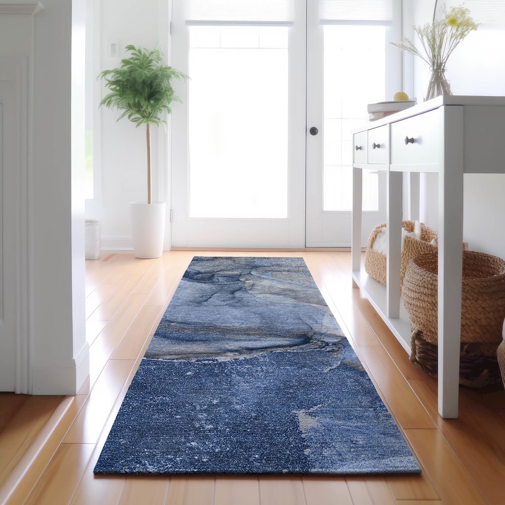 Premium Machine Washable Mayfield  Navy 2'3" x 7'6" Runner Rug. Picture 5
