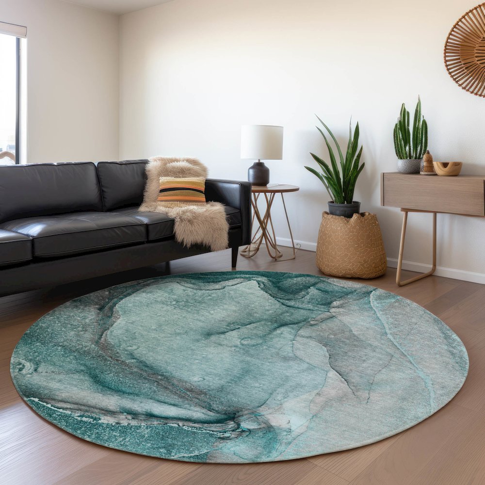Premium Machine Washable Mayfield  Teal 8' x 8' Round Rug. Picture 5