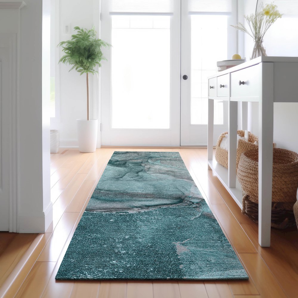 Premium Machine Washable Mayfield  Teal 2'3" x 7'6" Runner Rug. Picture 5
