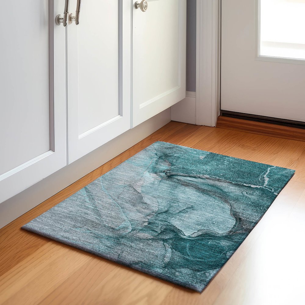 Premium Machine Washable Mayfield  Teal 1'8" x 2'6" Rug. Picture 5
