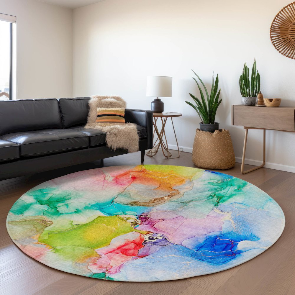 Premium Machine Washable Mayfield  Blue 8' x 8' Round Rug. Picture 5