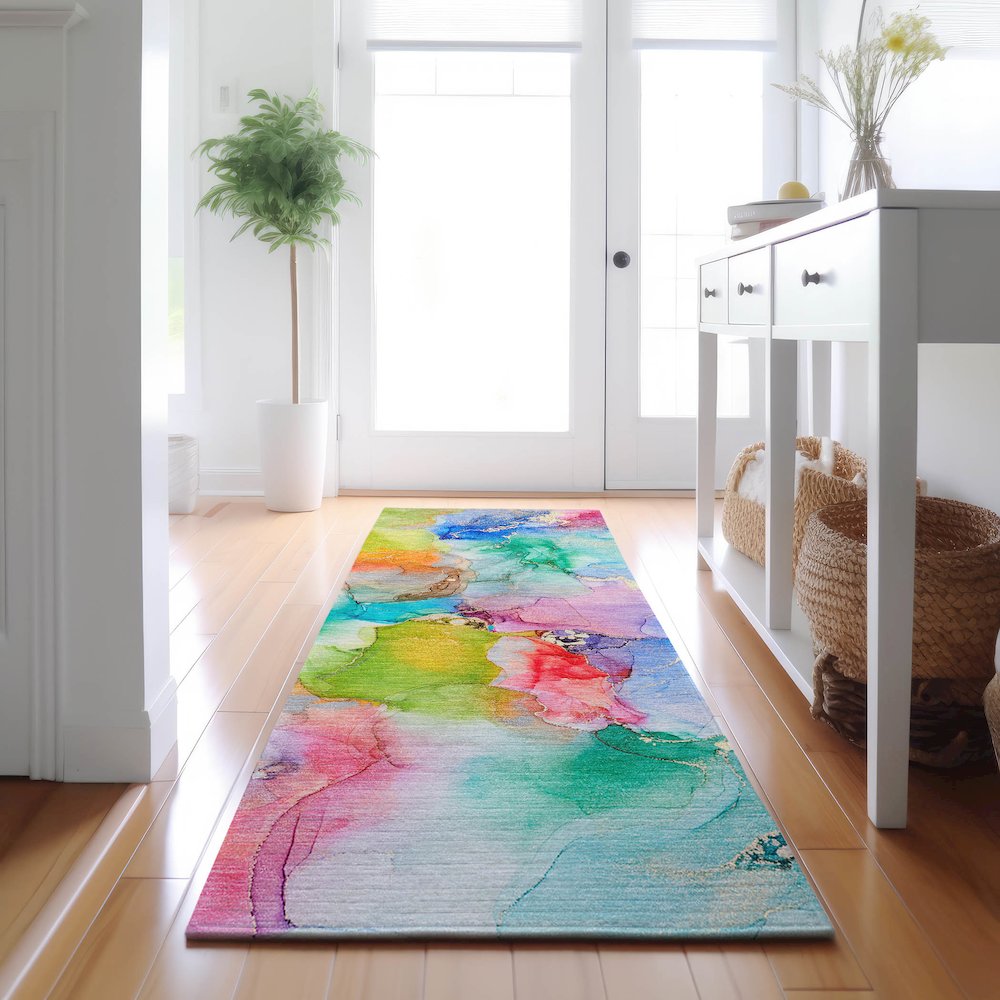 Premium Machine Washable Mayfield  Blue 2'3" x 7'6" Runner Rug. Picture 5
