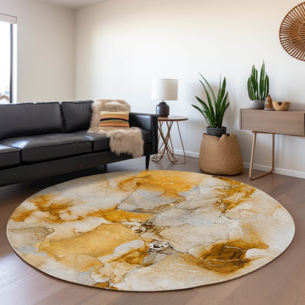 Premium Machine Washable Mayfield  Orange 8' x 8' Round Rug. Picture 5