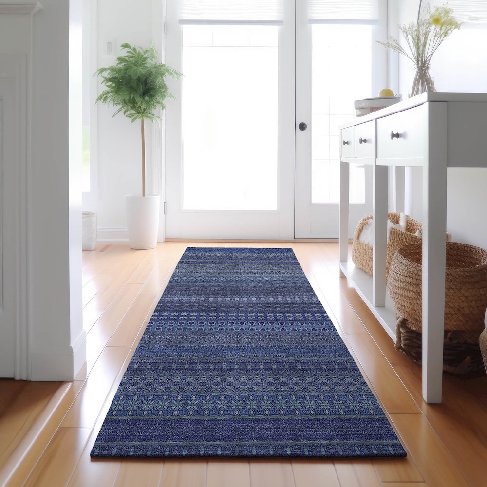 Premium Machine Washable Mayfield  Navy 2'3" x 7'6" Runner Rug. Picture 5