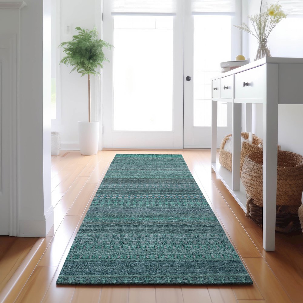 Premium Machine Washable Mayfield  Turquoise 2'3" x 7'6" Runner Rug. Picture 5