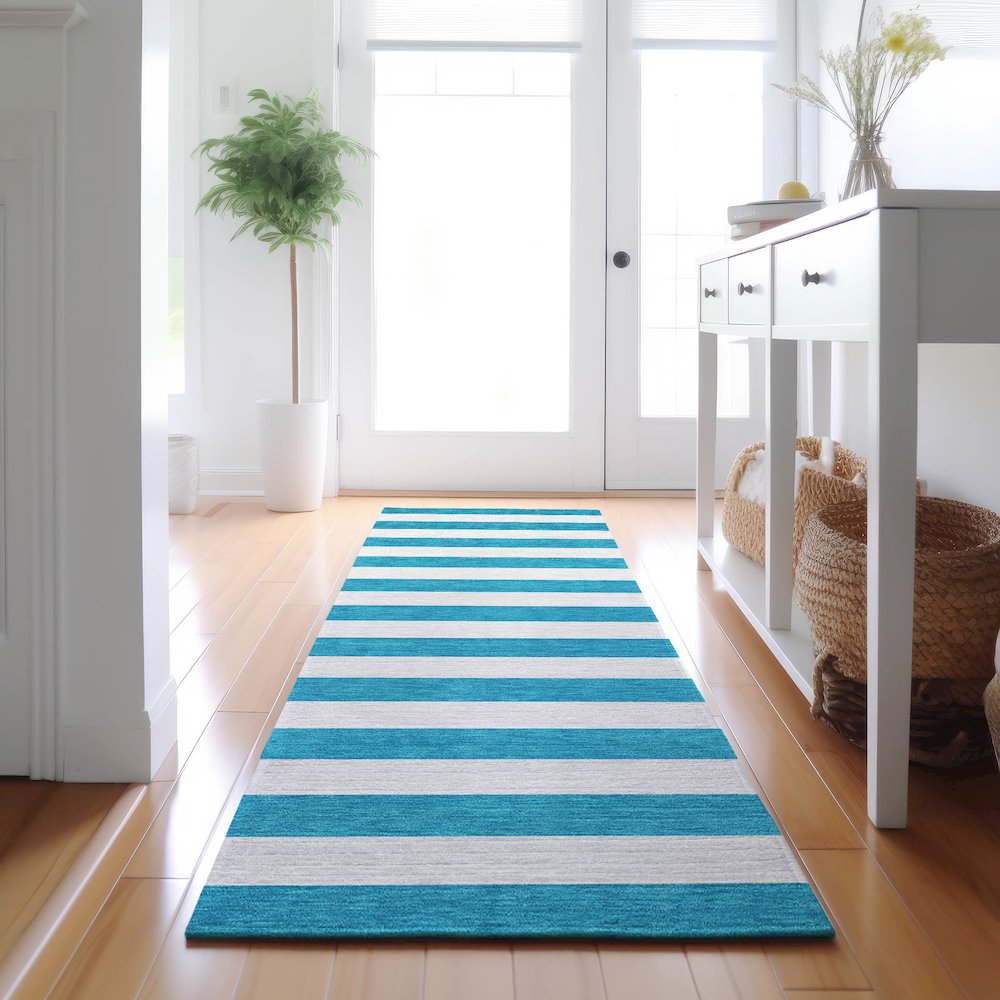 Premium Machine Washable Mayfield  Teal 2'3" x 7'6" Runner Rug. Picture 5