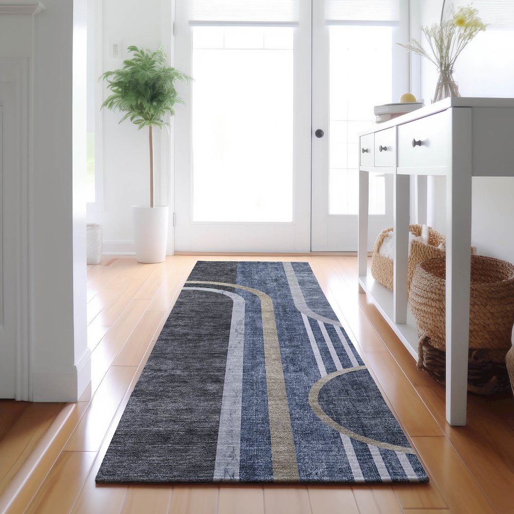 Premium Machine Washable Mayfield  Navy 2'3" x 7'6" Runner Rug. Picture 5