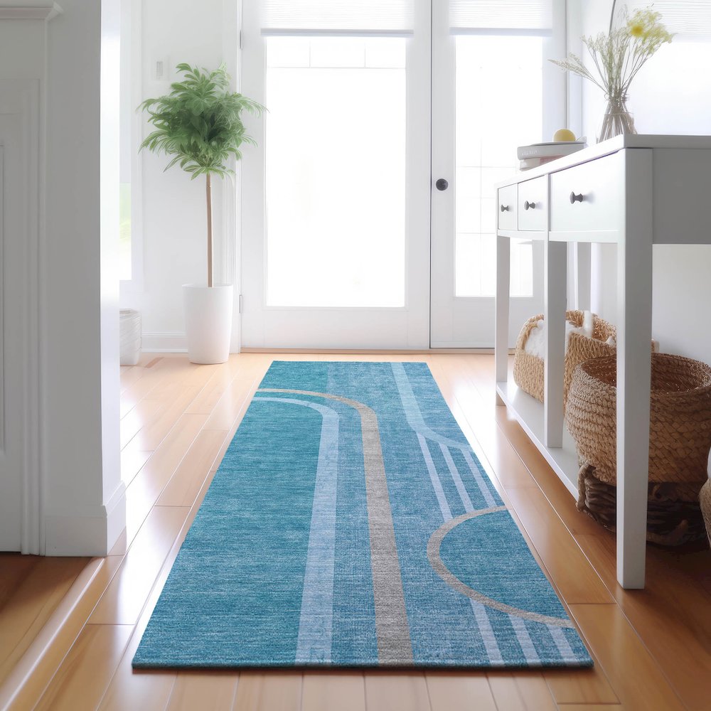 Premium Machine Washable Mayfield  Teal 2'3" x 7'6" Runner Rug. Picture 5