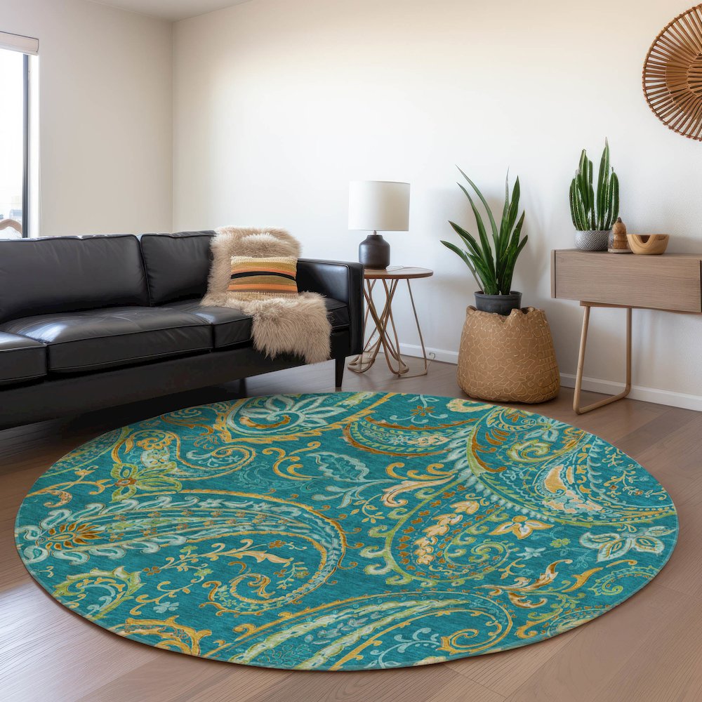 Premium Machine Washable Mayfield  Teal 8' x 8' Round Rug. Picture 5