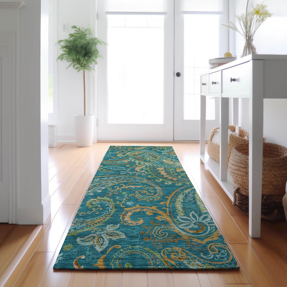 Premium Machine Washable Mayfield  Teal 2'3" x 7'6" Runner Rug. Picture 5