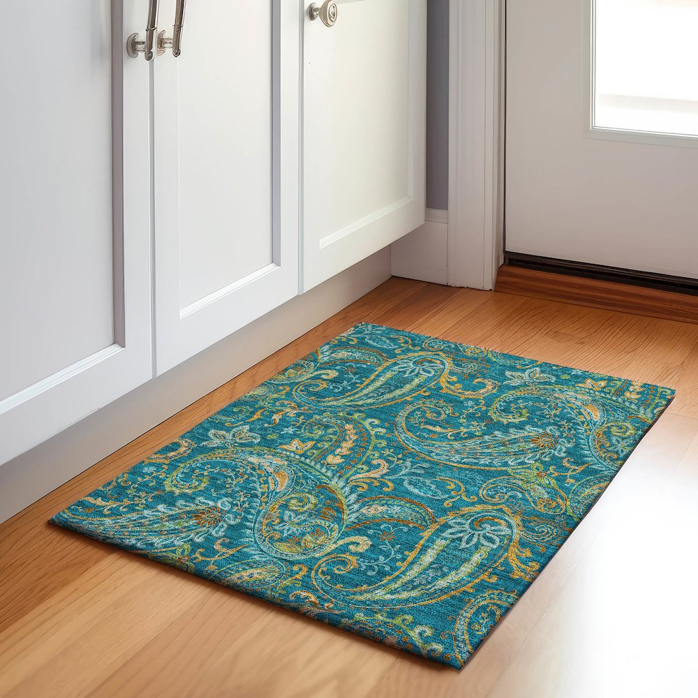 Premium Machine Washable Mayfield  Teal 1'8" x 2'6" Rug. Picture 5