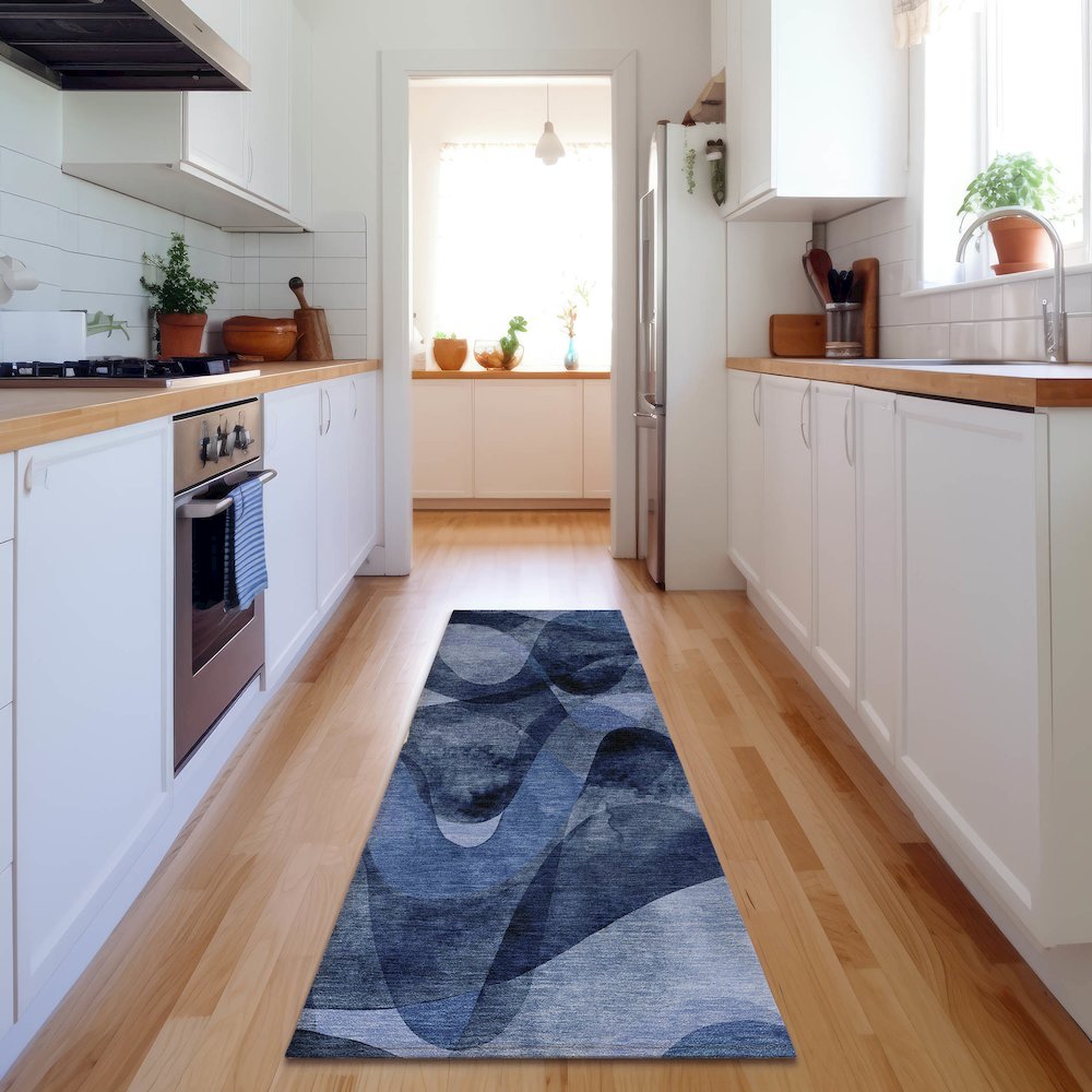 Premium Machine Washable Mayfield  Navy 2'3" x 7'6" Runner Rug. Picture 5