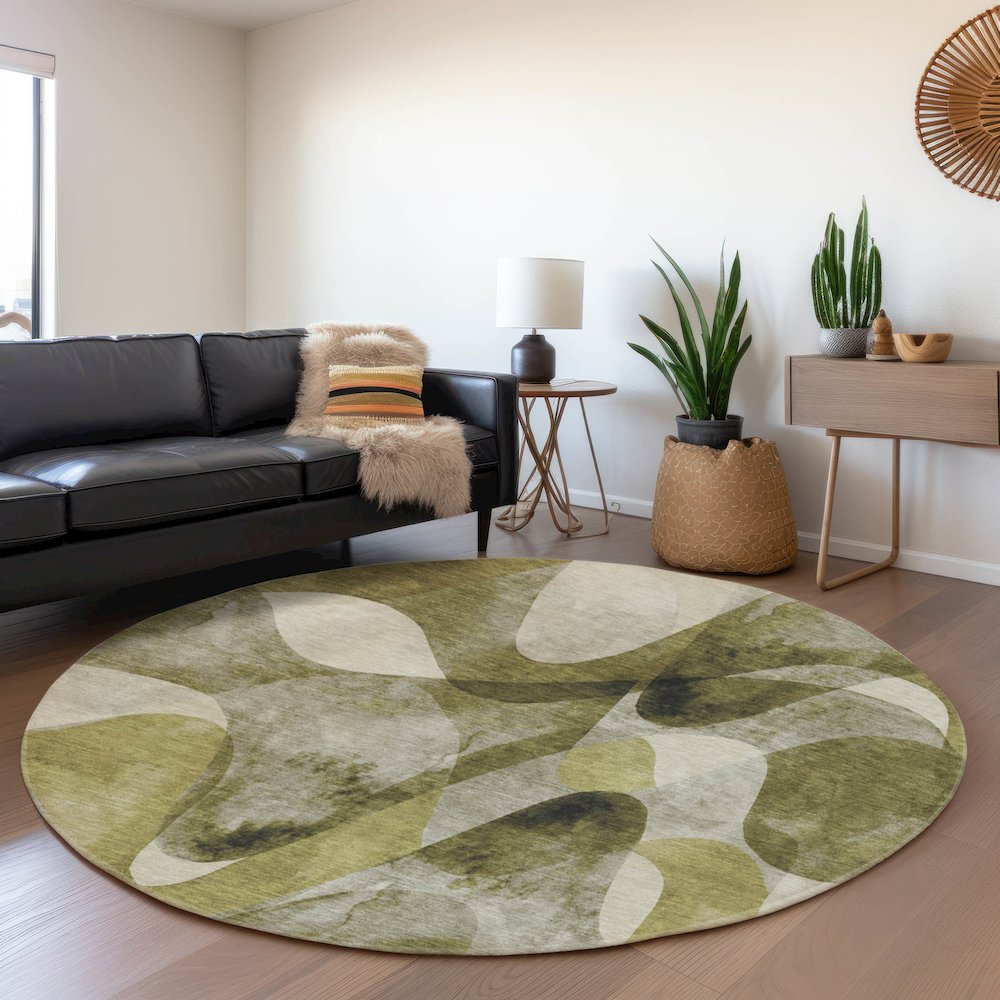 Premium Machine Washable Mayfield  Olive 8' x 8' Round Rug. Picture 5