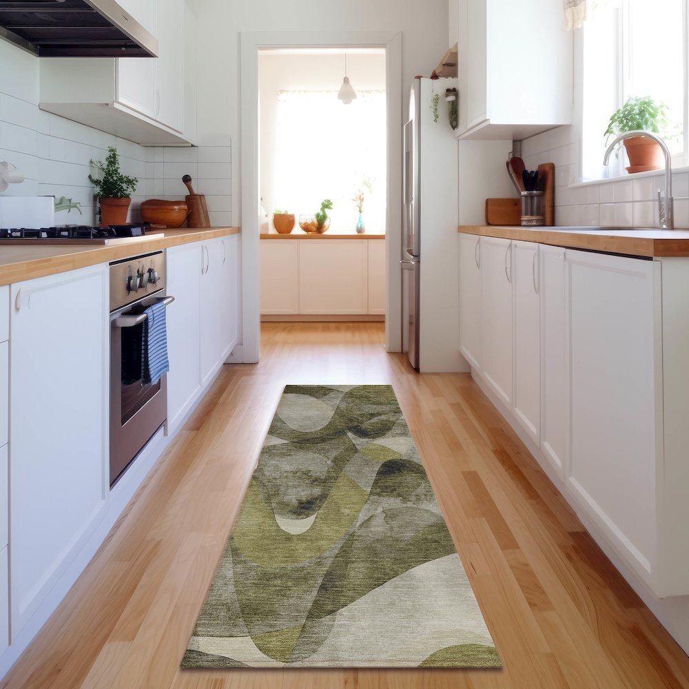 Premium Machine Washable Mayfield  Olive 2'3" x 7'6" Runner Rug. Picture 5