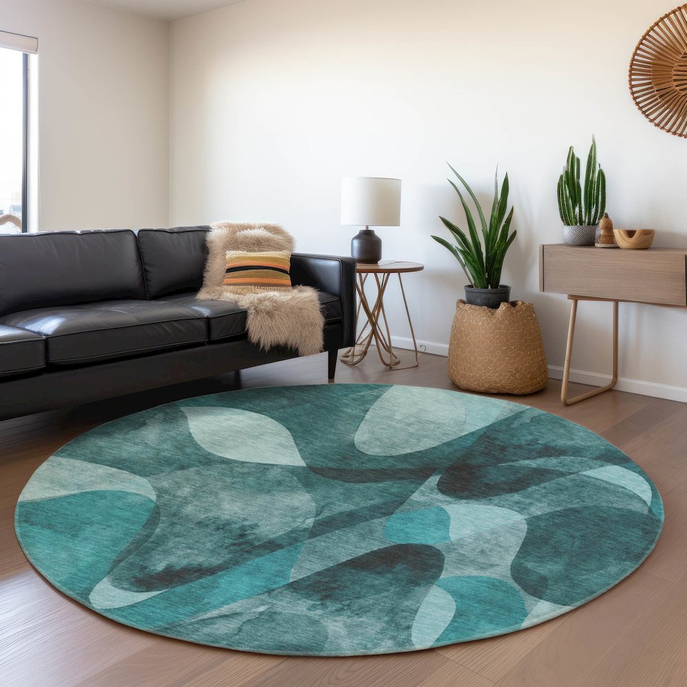 Premium Machine Washable Mayfield  Teal 8' x 8' Round Rug. Picture 5