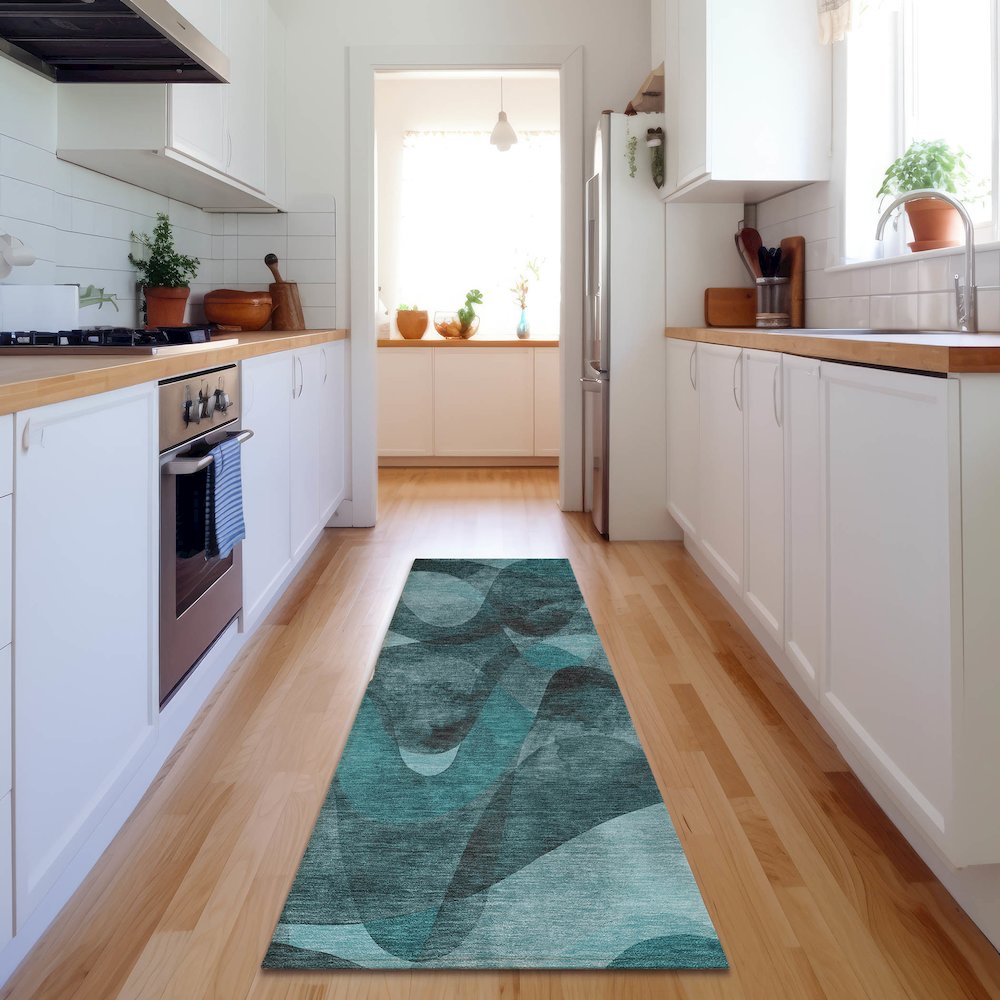 Premium Machine Washable Mayfield  Teal 2'3" x 7'6" Runner Rug. Picture 5