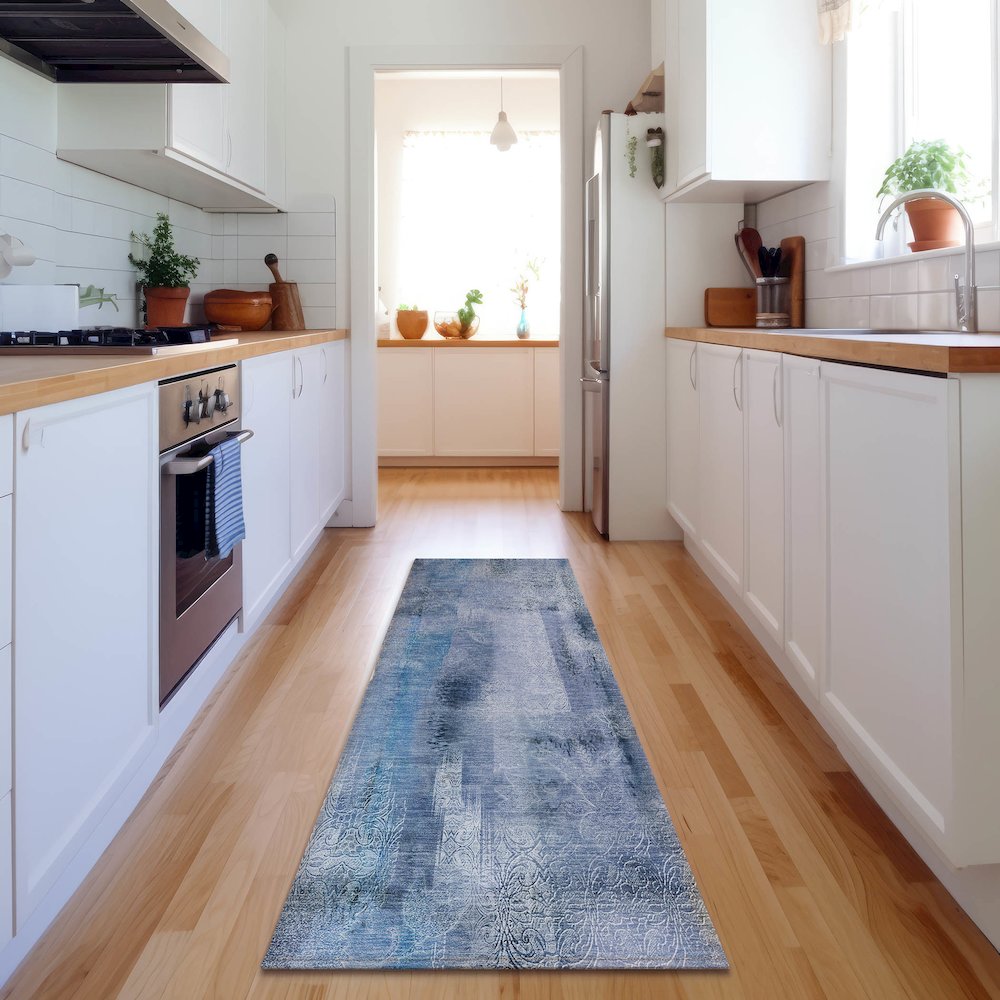 Premium Machine Washable Mayfield  Blue 2'3" x 7'6" Runner Rug. Picture 5