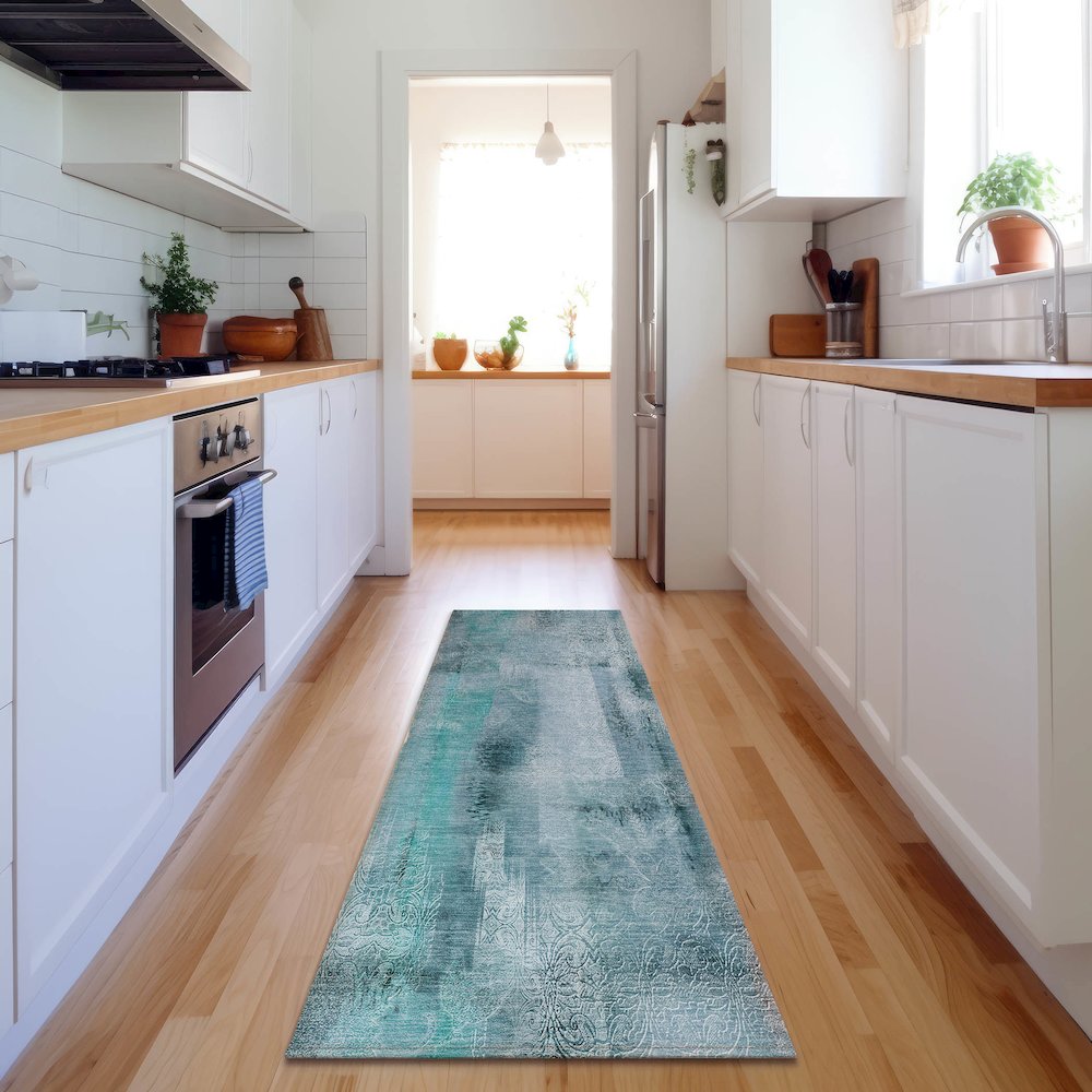 Premium Machine Washable Mayfield  Teal 2'3" x 7'6" Runner Rug. Picture 5