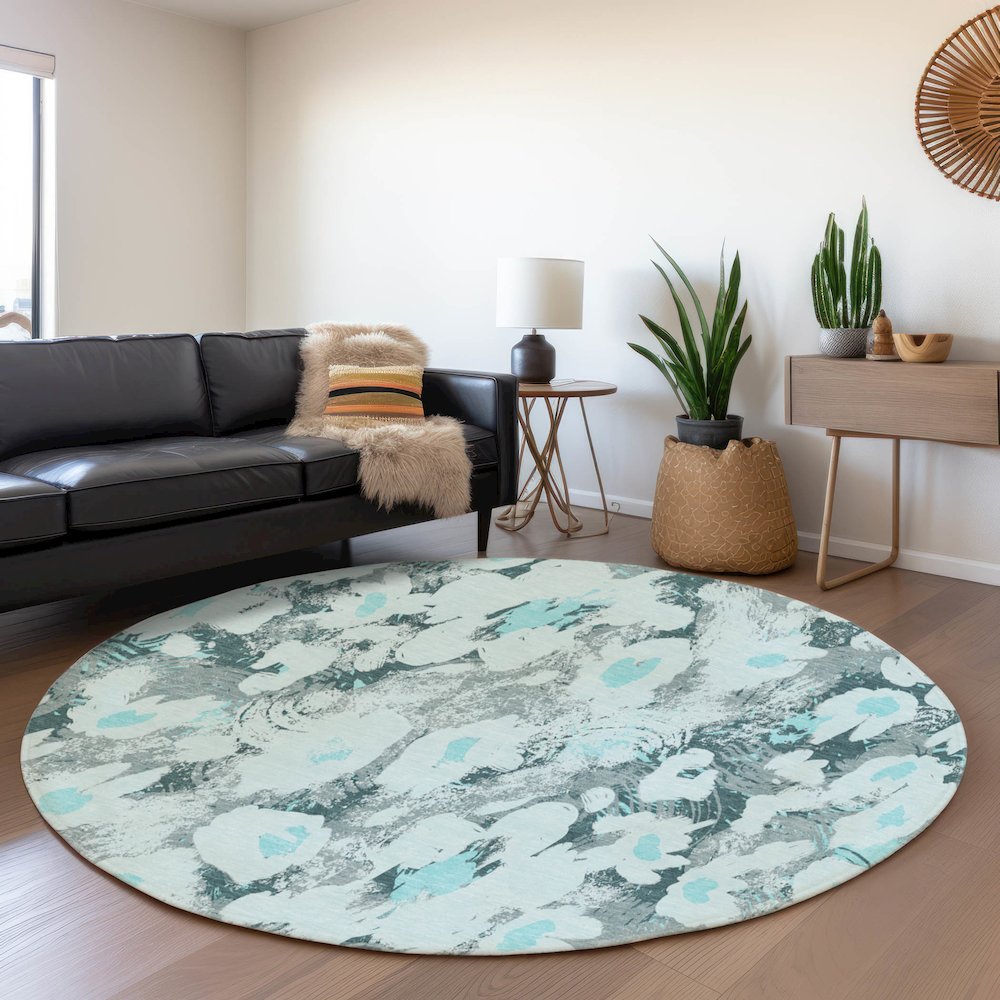 Premium Machine Washable Mayfield  Teal 8' x 8' Round Rug. Picture 5