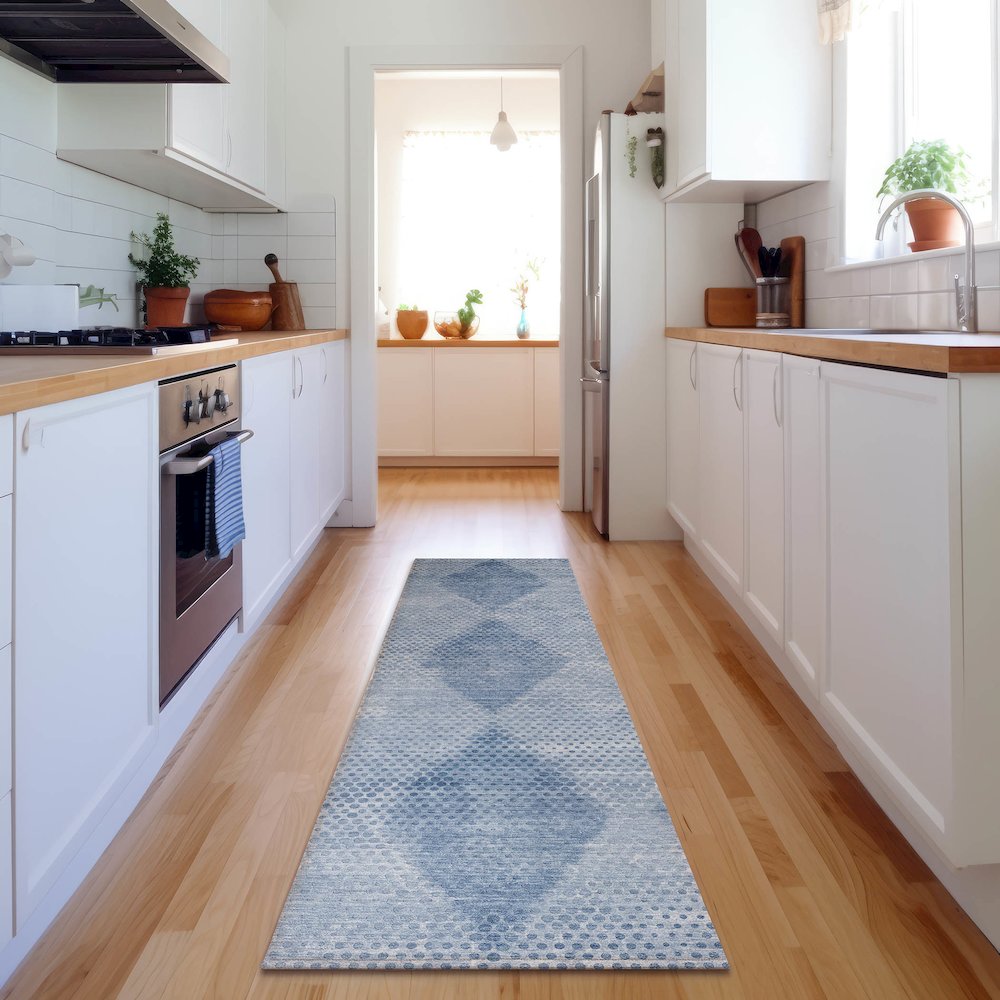 Premium Machine Washable Mayfield  Blue 2'3" x 7'6" Runner Rug. Picture 5