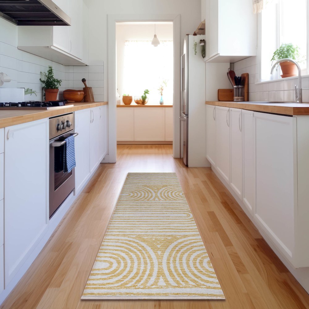 Premium Machine Washable Mayfield  Gold 2'3" x 7'6" Runner Rug. Picture 5