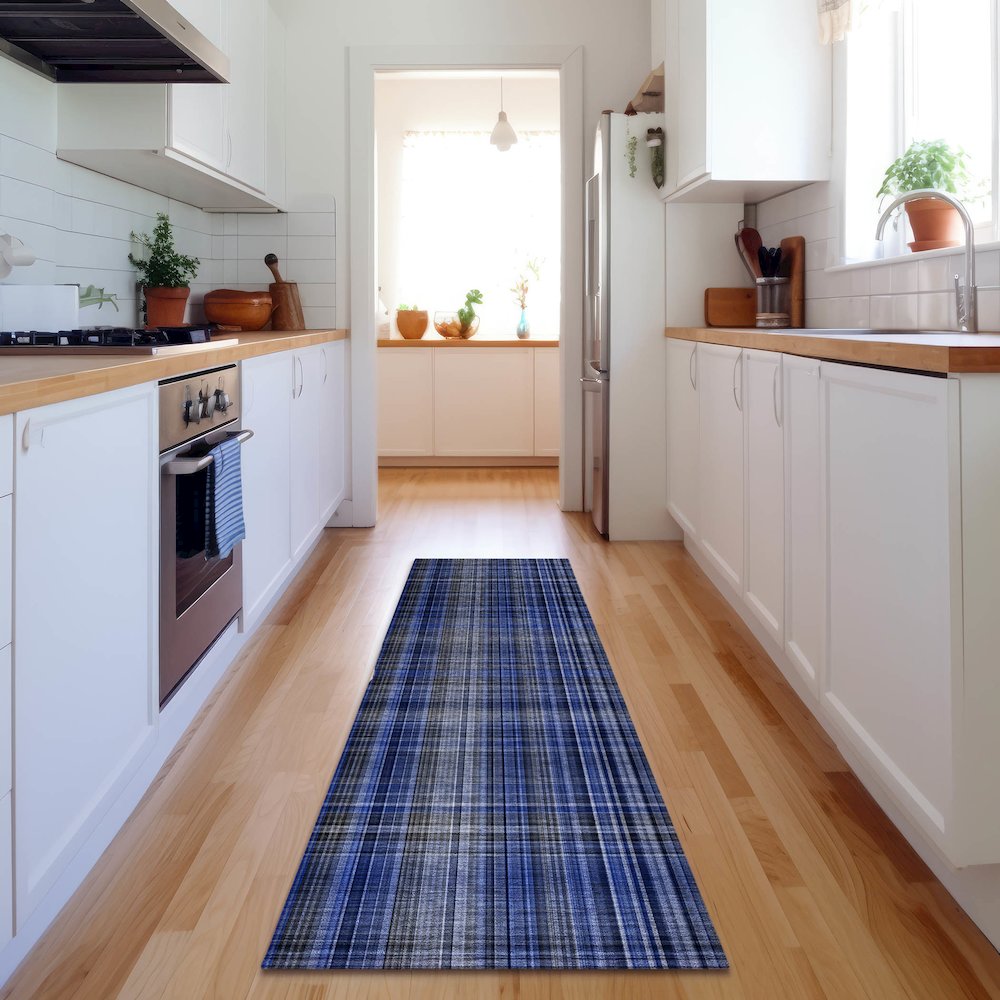 Premium Machine Washable Mayfield  Navy 2'3" x 7'6" Runner Rug. Picture 5