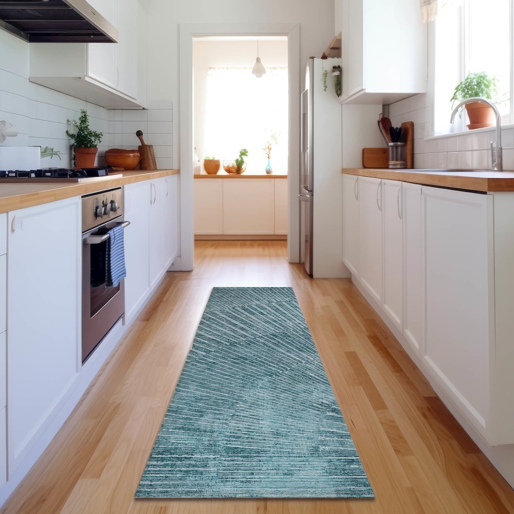 Premium Machine Washable Mayfield  Teal 2'3" x 7'6" Runner Rug. Picture 5