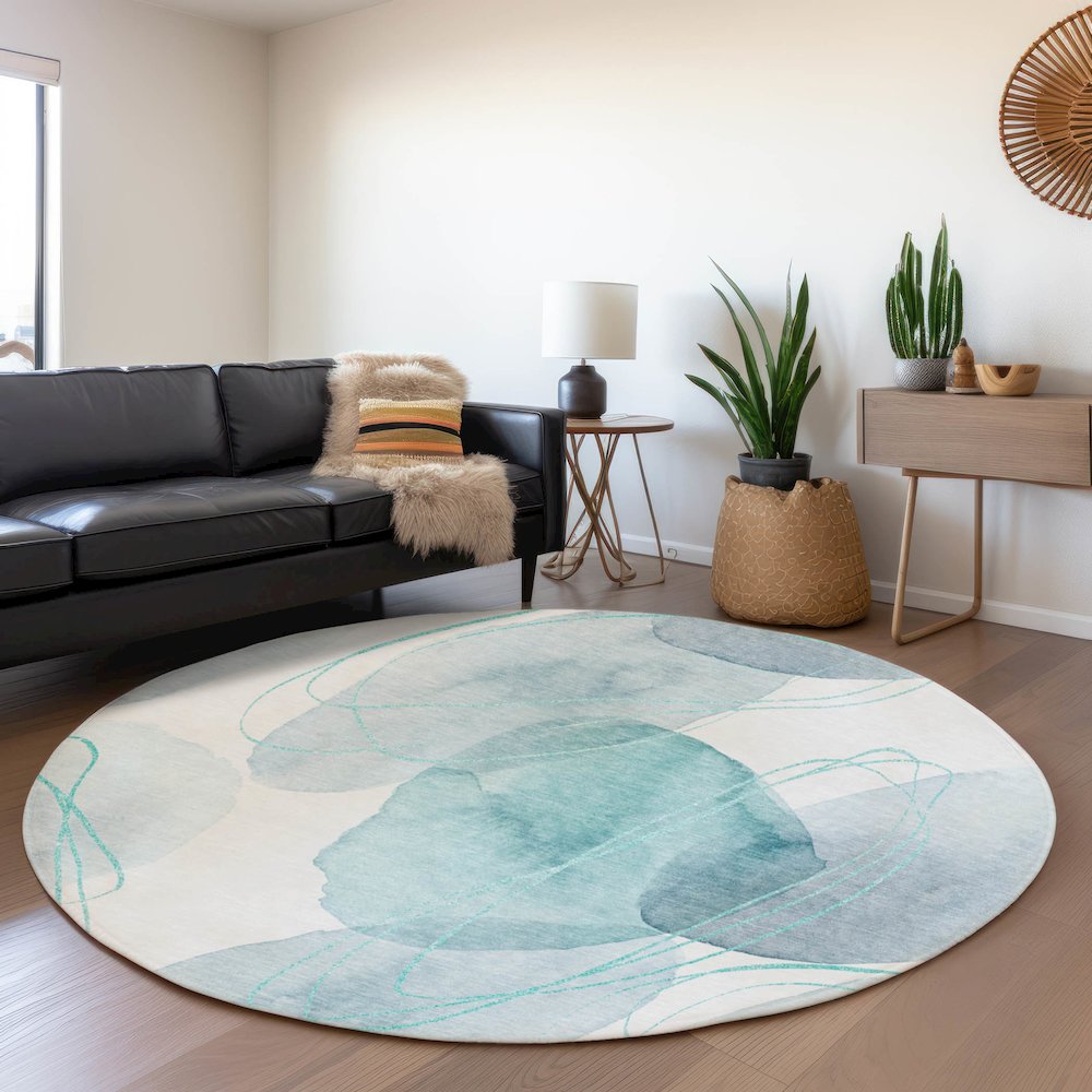 Premium Machine Washable Mayfield  Teal 8' x 8' Round Rug. Picture 5