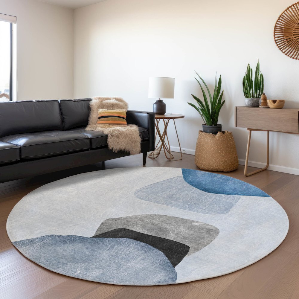 Premium Machine Washable Mayfield  Blue 8' x 8' Round Rug. Picture 5