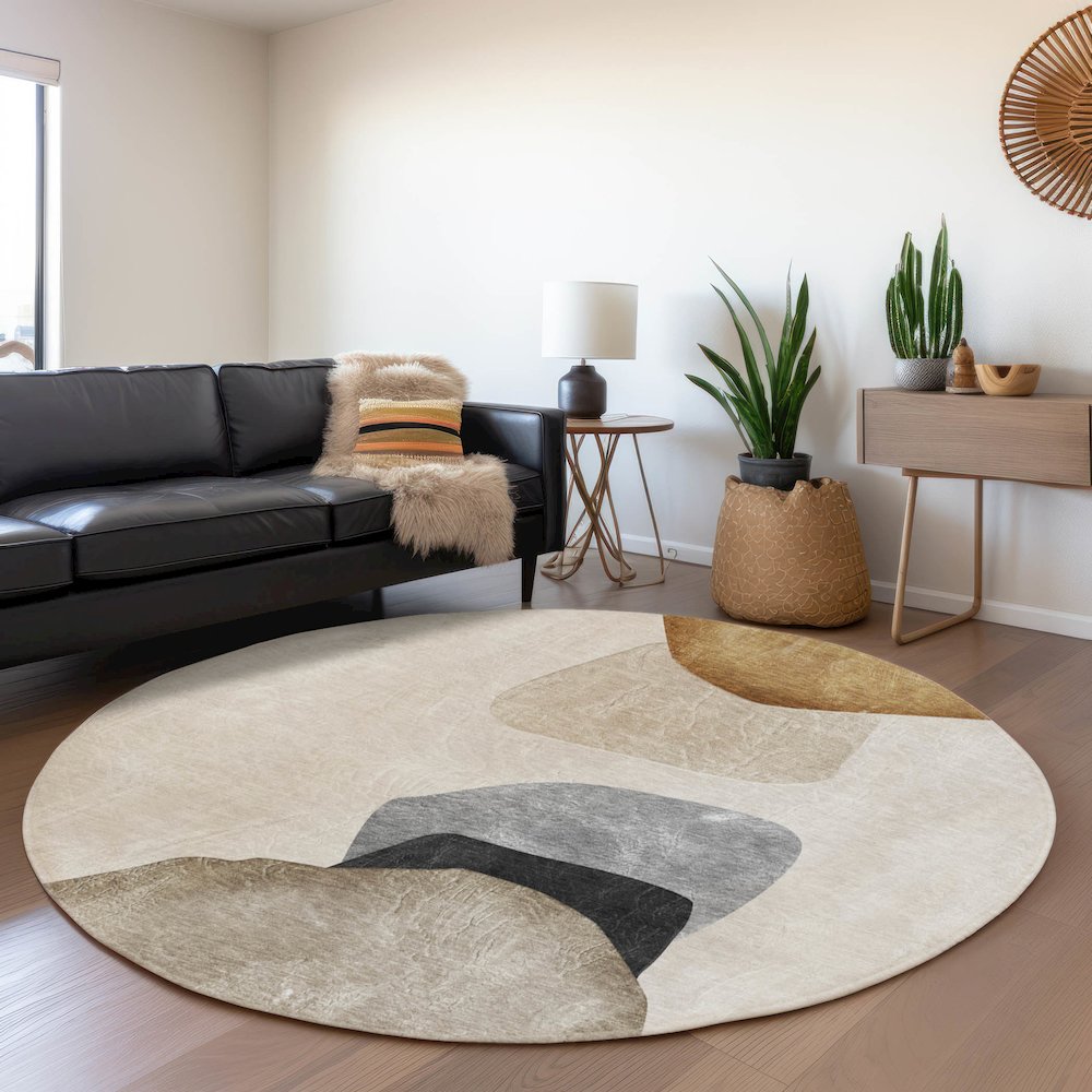 Premium Machine Washable Mayfield  Brown 8' x 8' Round Rug. Picture 5