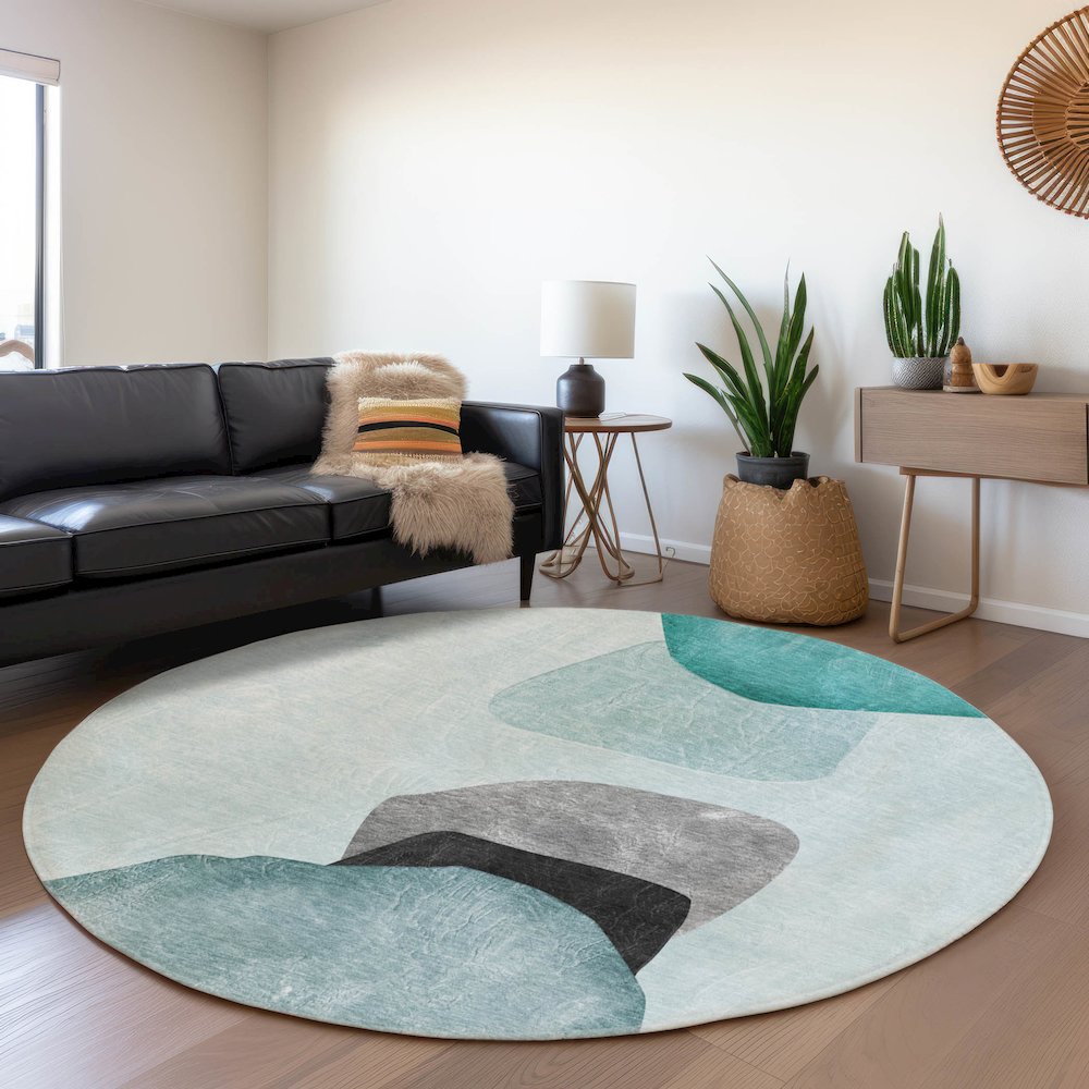 Premium Machine Washable Mayfield  Teal 8' x 8' Round Rug. Picture 5