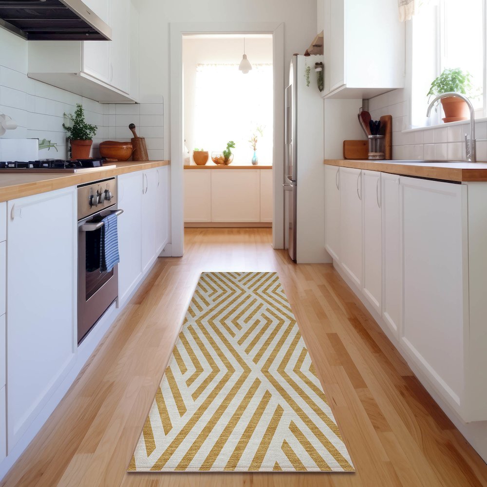 Premium Machine Washable Mayfield  Gold 2'3" x 7'6" Runner Rug. Picture 5