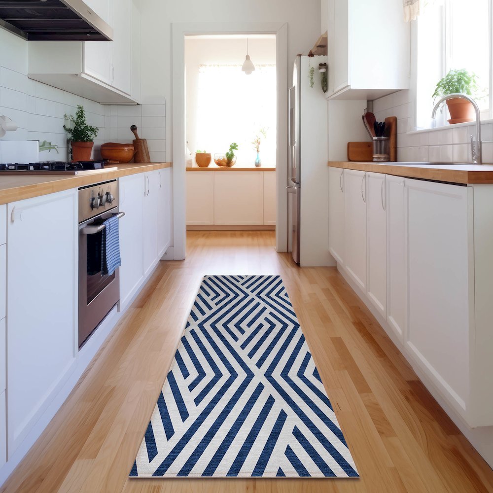 Premium Machine Washable Mayfield  Navy 2'3" x 7'6" Runner Rug. Picture 5
