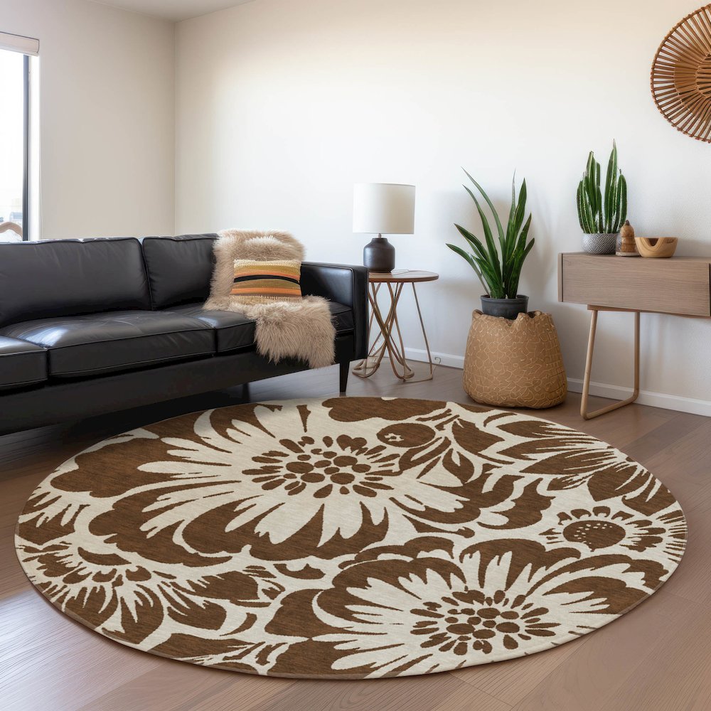 Premium Machine Washable Mayfield  Brown 8' x 8' Round Rug. Picture 5